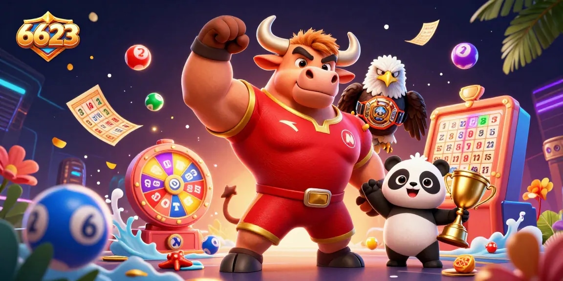 Winning moments at 6623: celebrate with trophies, tickets, and festive gaming elements.