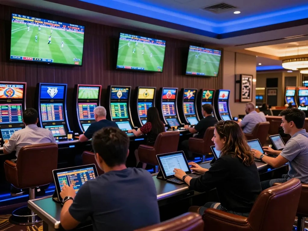 Soi kèo bóng đá action with bettors watching live matches and analyzing odds in upscale lounge