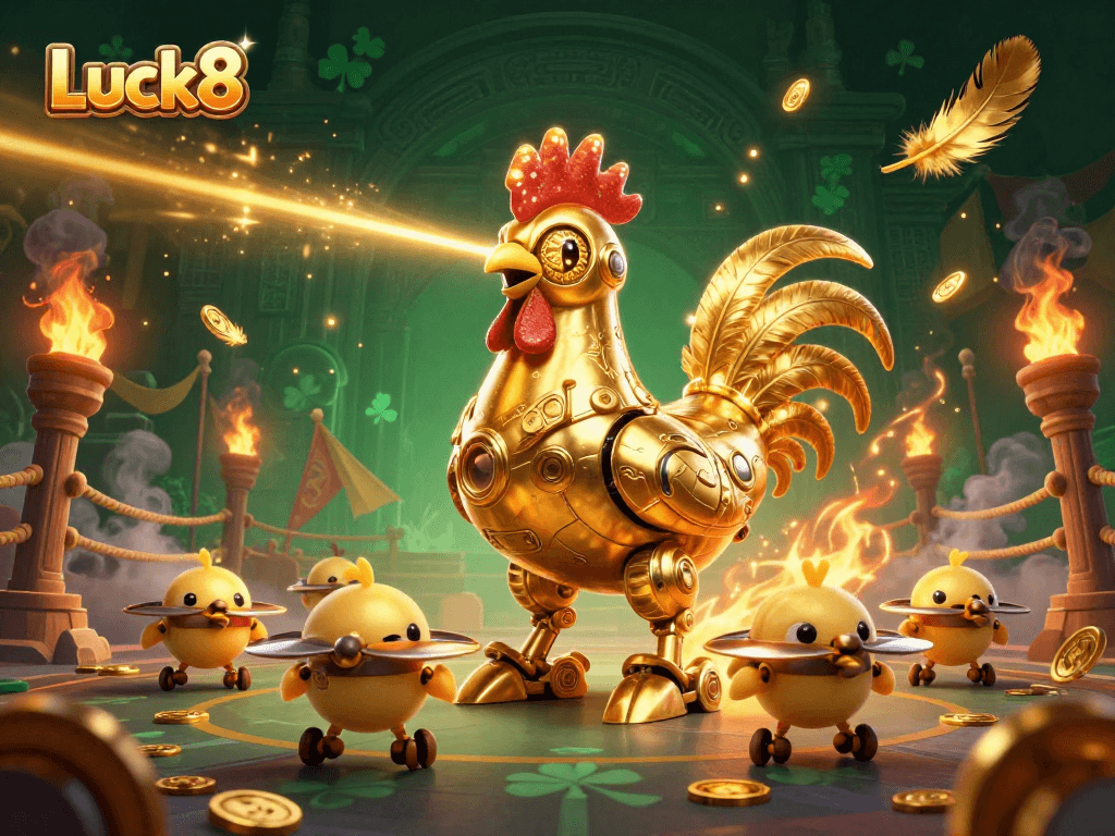 Luck8 showcases a vibrant 3D scene featuring a golden rooster robot and baby chick drones in an exciting casino atmosphere.