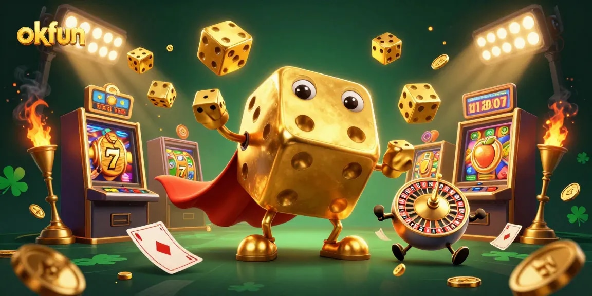 Experience thrilling jackpots with okfun - a vibrant 3D casino scene featuring lucky dice, slot reels, and dynamic elements.