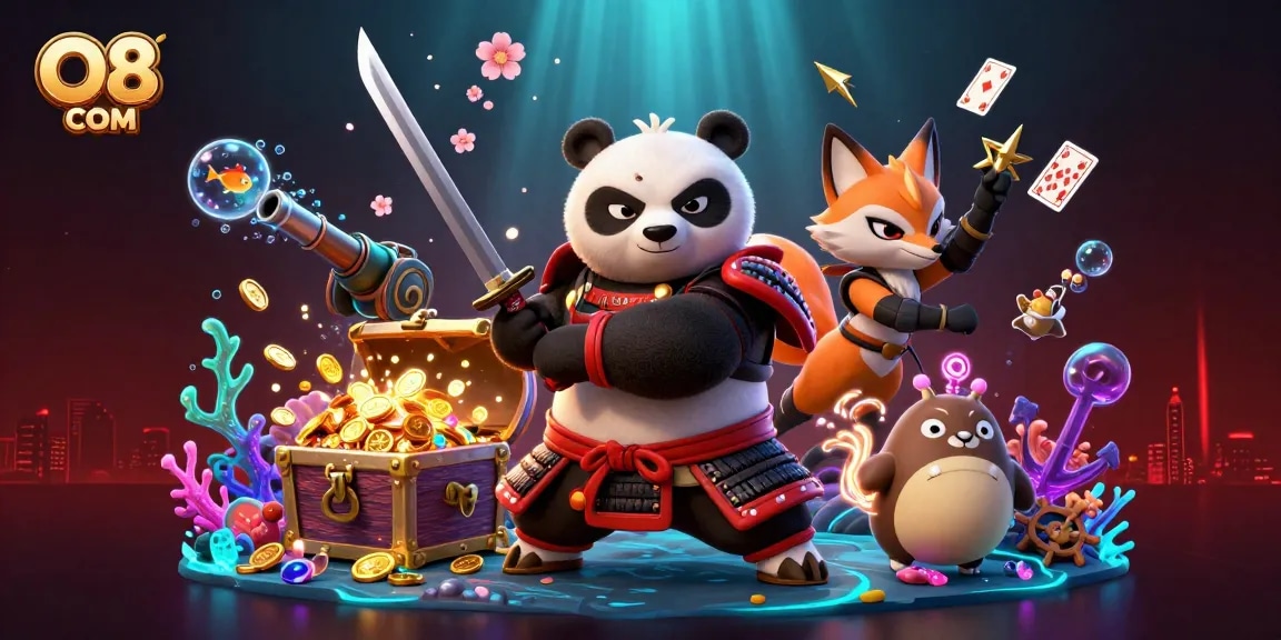 Win exciting prizes with O8 COM in a dynamic casino-themed adventure featuring adventurous characters.