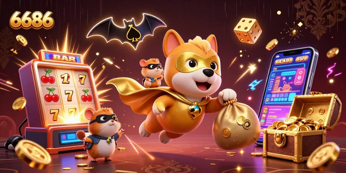 Engage with 6686 in a vibrant casino adventure featuring a superhero dog, gold coins, and game elements.