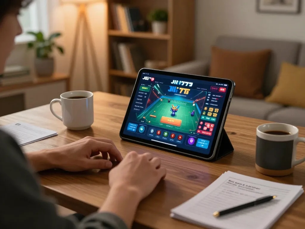 Play on Jili777 Rest with a cozy home gaming experience, vibrant online casino interface.