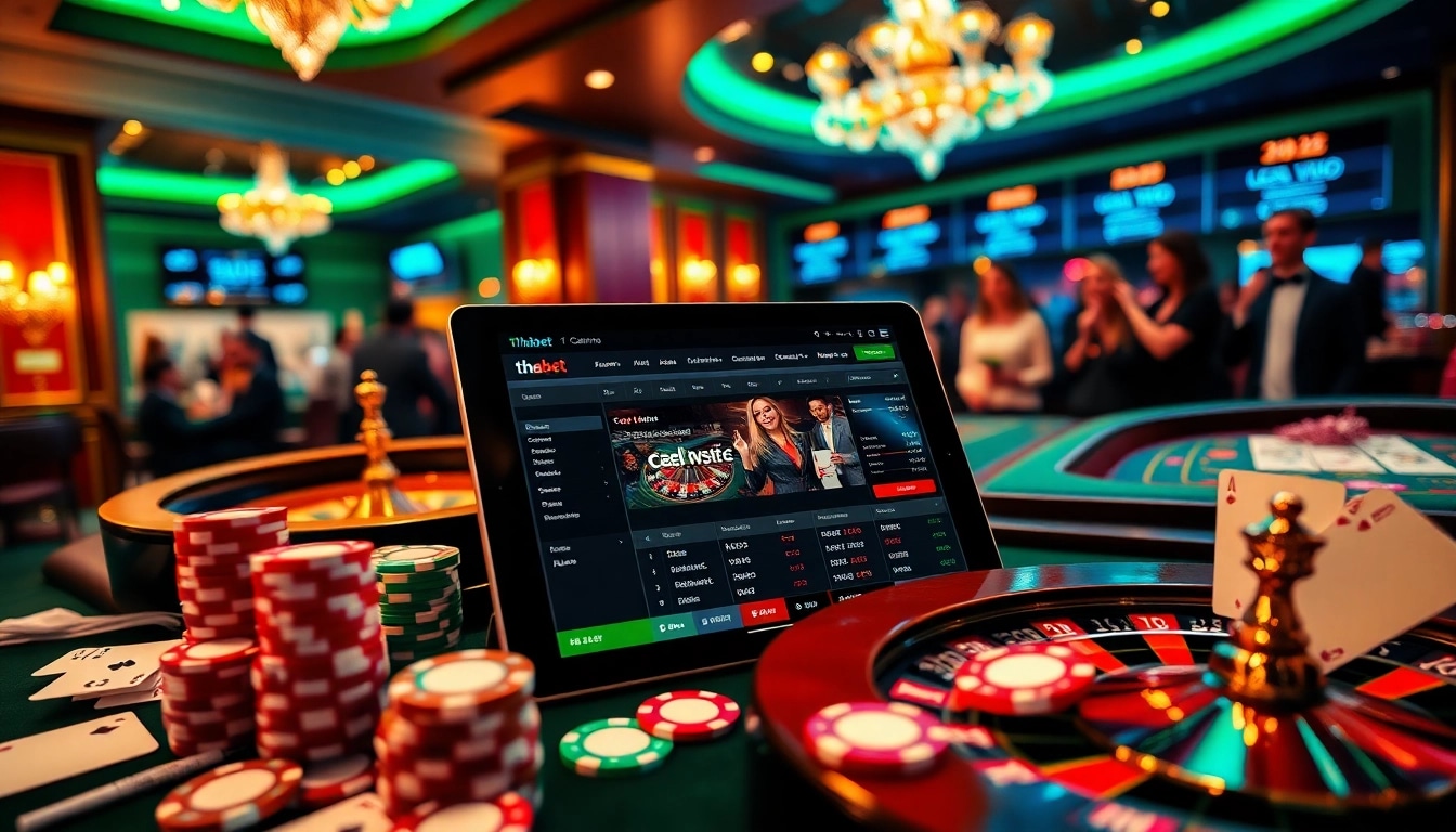 Experience the thabet web platform with vibrant casino visuals, featuring roulette and poker for dynamic gambling.