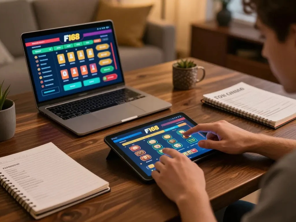 Player exploring F168 casino app features and strategies in a comfortable home setting.