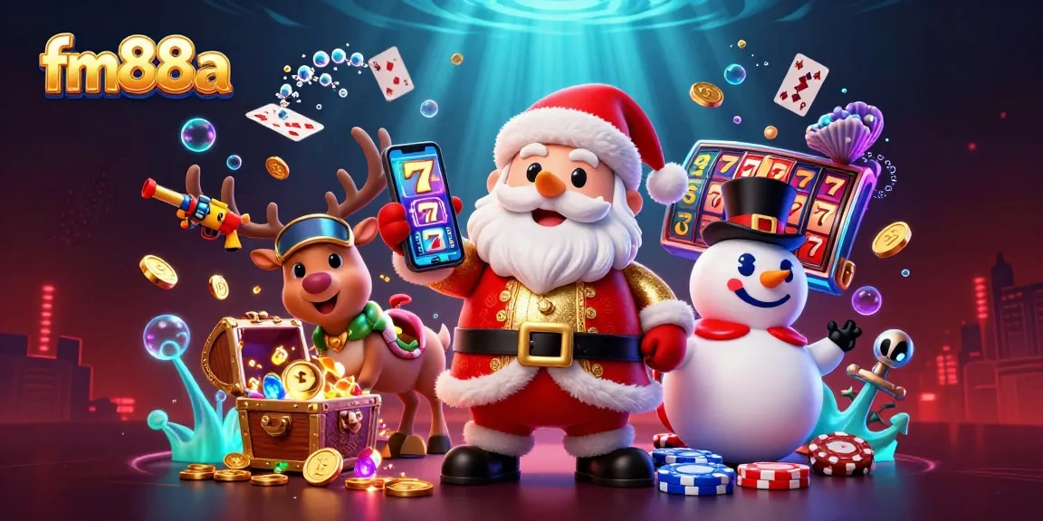 Spin jackpots in style with fm88a's vibrant 3D casino scene featuring Santa and festive elements.