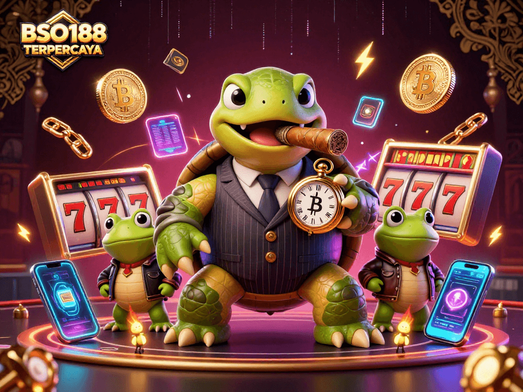 Engaging scene showcasing BSO188 TERPERCAYA with cartoon characters and vibrant casino elements.