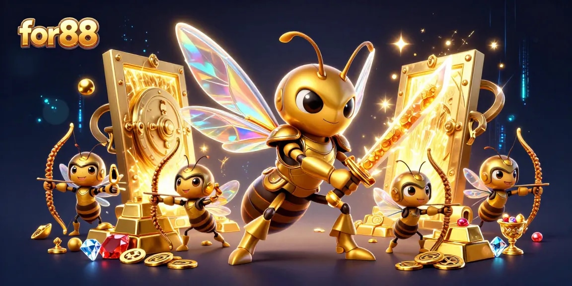 Experience thrilling gaming action with for88's vibrant casino illustration featuring gold treasures and cartoon warriors.