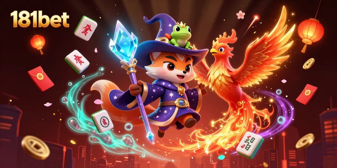 Play 181bet, featuring a mystical wizard fox and phoenix in an enchanting casino atmosphere.