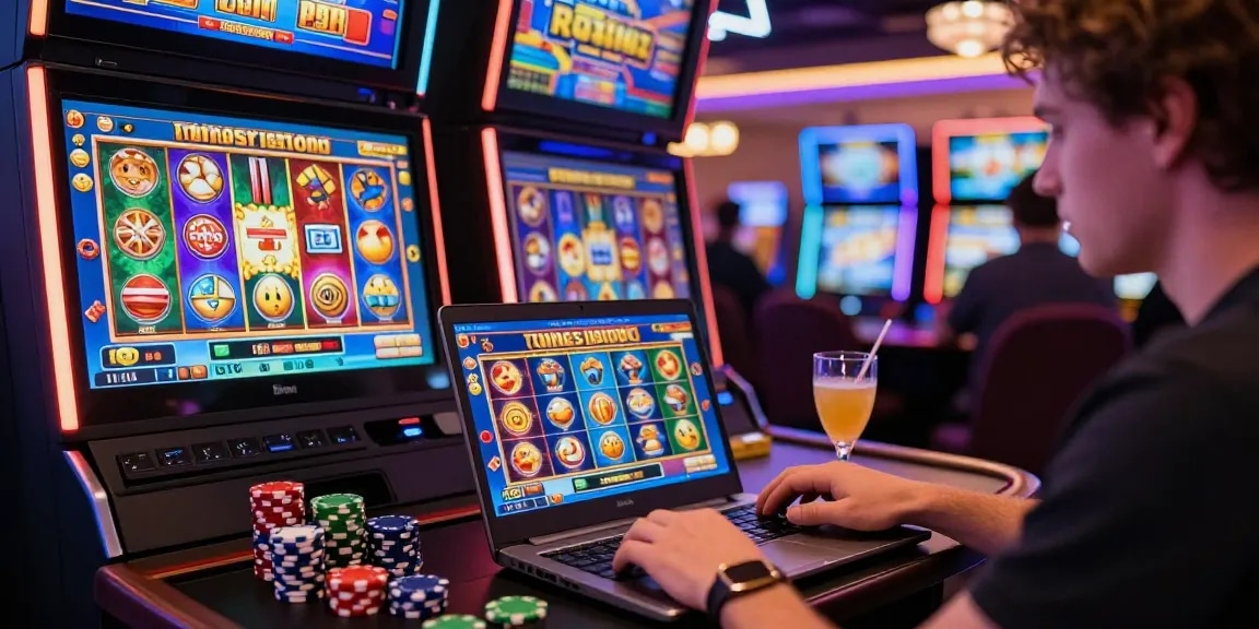 Player enjoying bonus buy slots at https://cocomaya.co.uk, surrounded by vibrant casino atmosphere with colorful graphics and exciting gameplay.