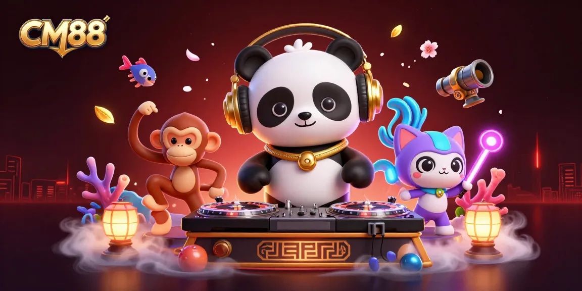 CM88 features a DJ panda and a dance party scene with vibrant casino elements reflecting fishing games.