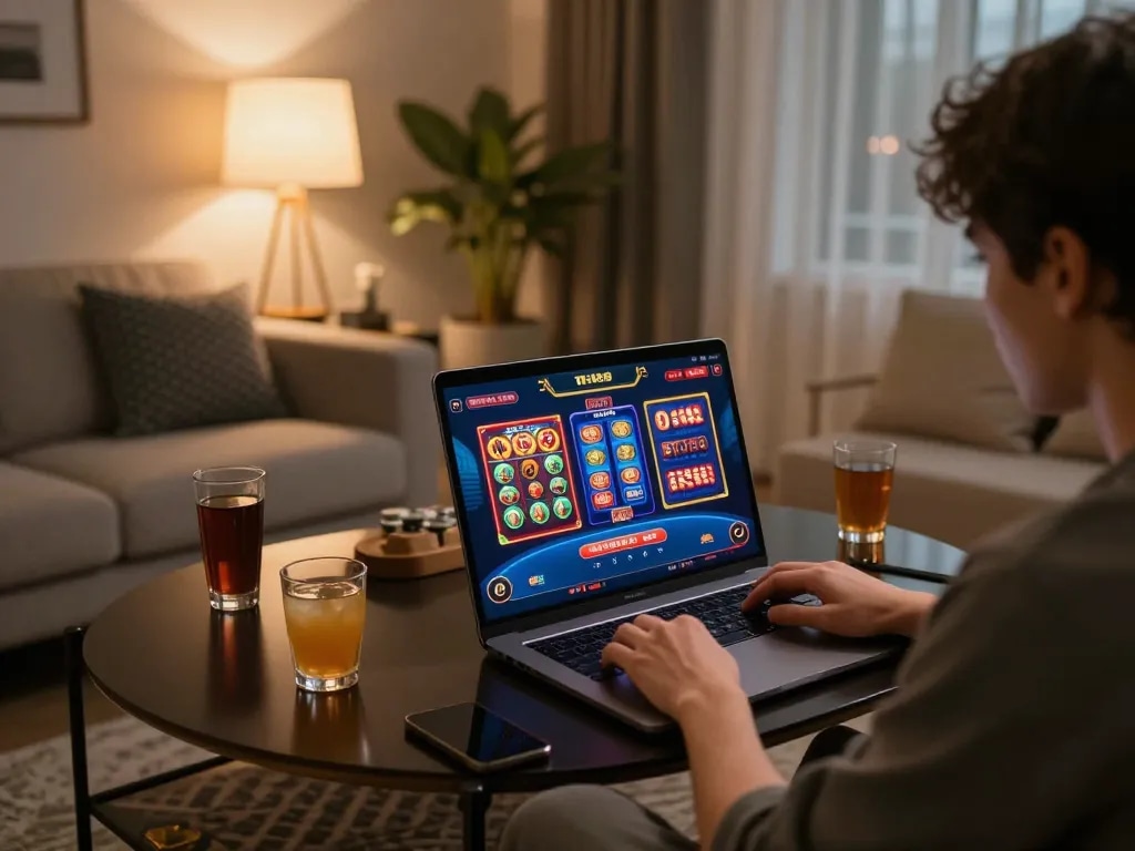Person gaming on F168 online casino, showcasing relaxed home atmosphere and engaging interface.