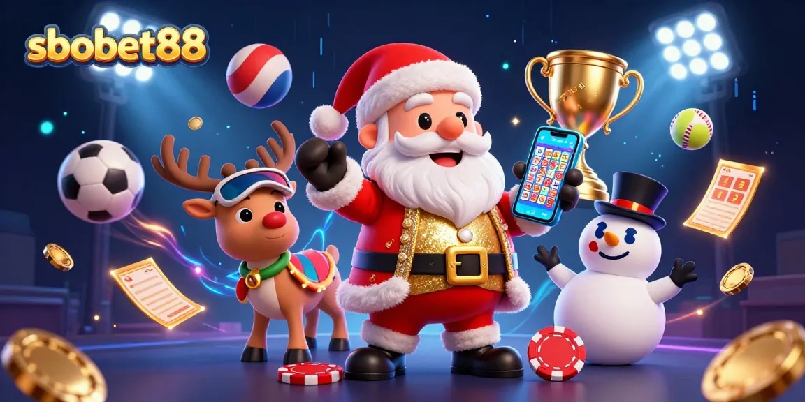 Join the excitement of sbobet88 with Santa Claus, a reindeer dealer, and a poker chip snowman in a vibrant casino scene.