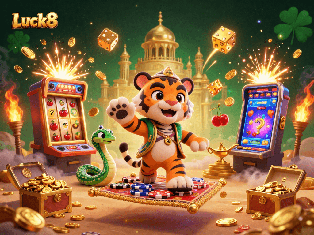 Experience Luck8 with a grand jackpot and exciting casino elements in a vibrant illustration.