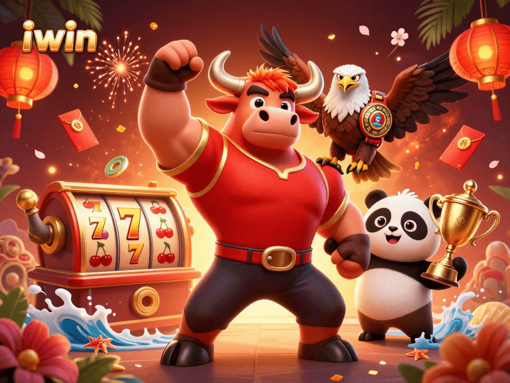Win big at iwin with a vibrant 3D casino scene featuring slots, a bull mascot, and friends.