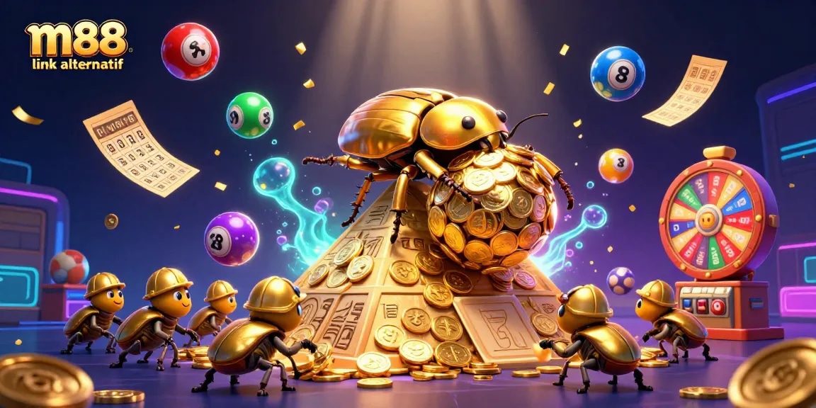 M88 link alternatif showcases an energetic scene of golden dung beetles and dynamic lottery elements, emphasizing casino excitement.