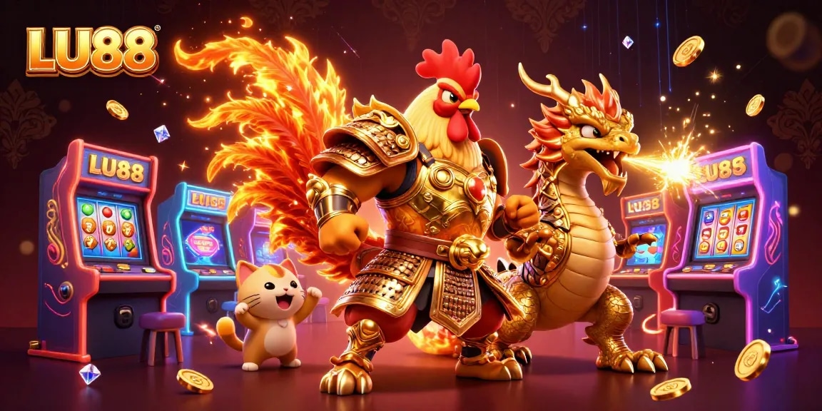 Engage with LU88's thrilling casino adventure depicting characters celebrating with games and fortune.
