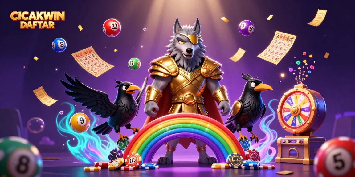CICAKWIN DAFTAR symbolizes winning strategies with Odin and his ravens amidst vibrant casino elements.