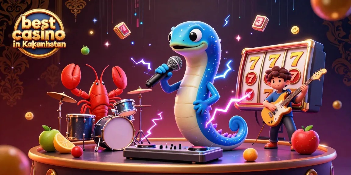Engaging illustration showing the best online casino in Kazakhstan with an electric eel DJ and vibrant slot reels.