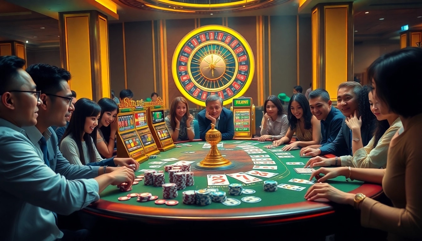 Gamblers enjoying an exciting tg88 casino experience at a table with cards and chips.