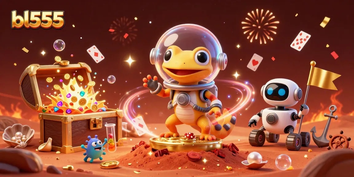 Experience thrilling gameplay at bl555 with a Martian gecko uncovering a golden casino oasis.