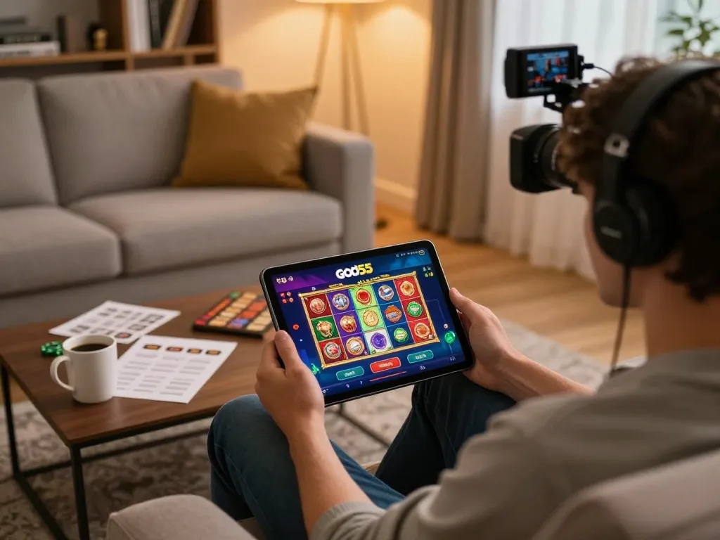 Engaging home online casino experience with god55 app, showcasing tablet gameplay and cozy ambiance.