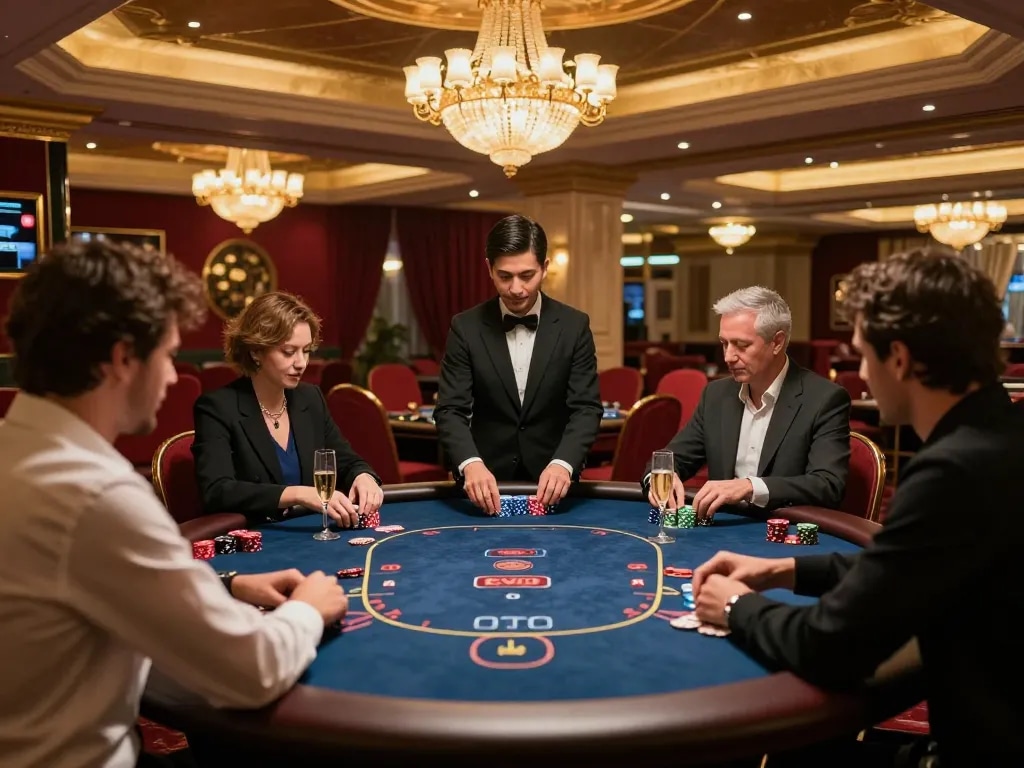 High-stakes poker action at 789club's luxurious VIP table featuring professional players and elegant decor.