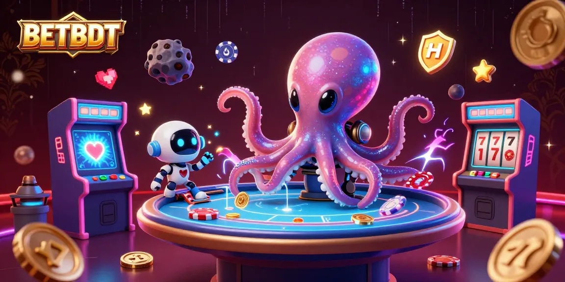Experience the excitement of BETBDT with a vibrant cartoon scene featuring an alien octopus and gaming elements.