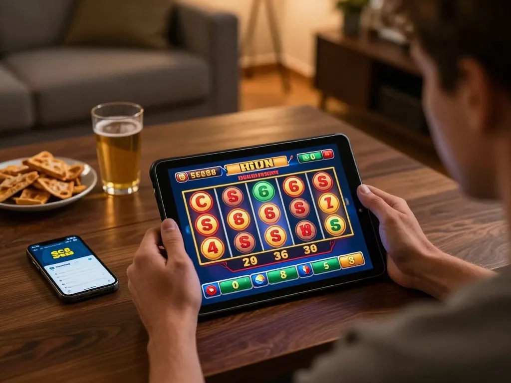 Engaging online gaming moment at SC88, player celebrating a big win with vibrant slot reels visible.