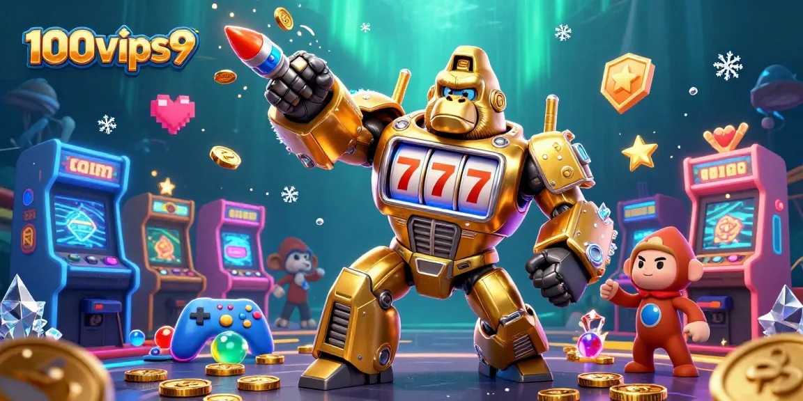 Experience thrilling gaming action with 100vips9's vibrant casino scene featuring a golden gorilla mech.