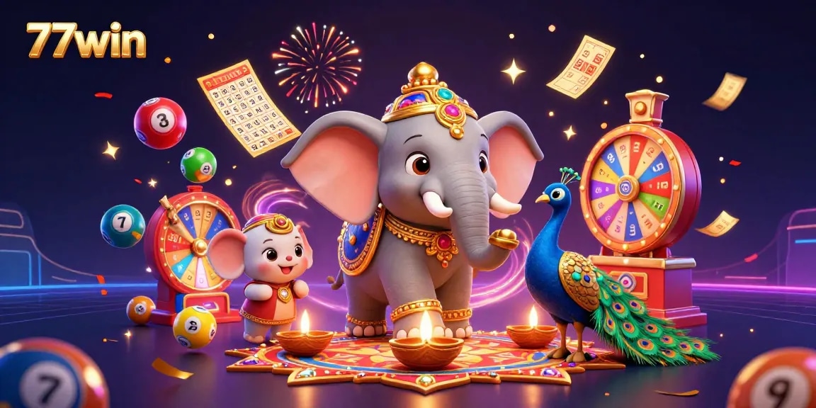 Experience vibrant casino excitement with 77win, featuring lottery elements and colorful celebrations.