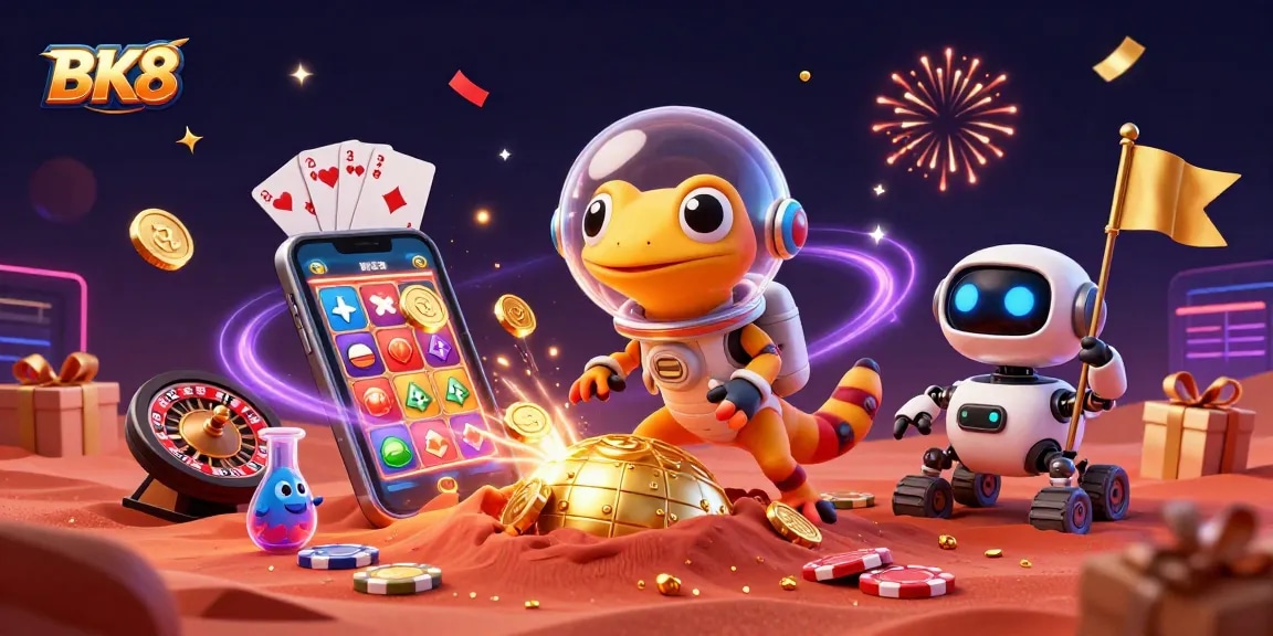 Engage with BK8's dynamic Martian gecko uncovering a golden casino amidst an intergalactic gaming explosion.