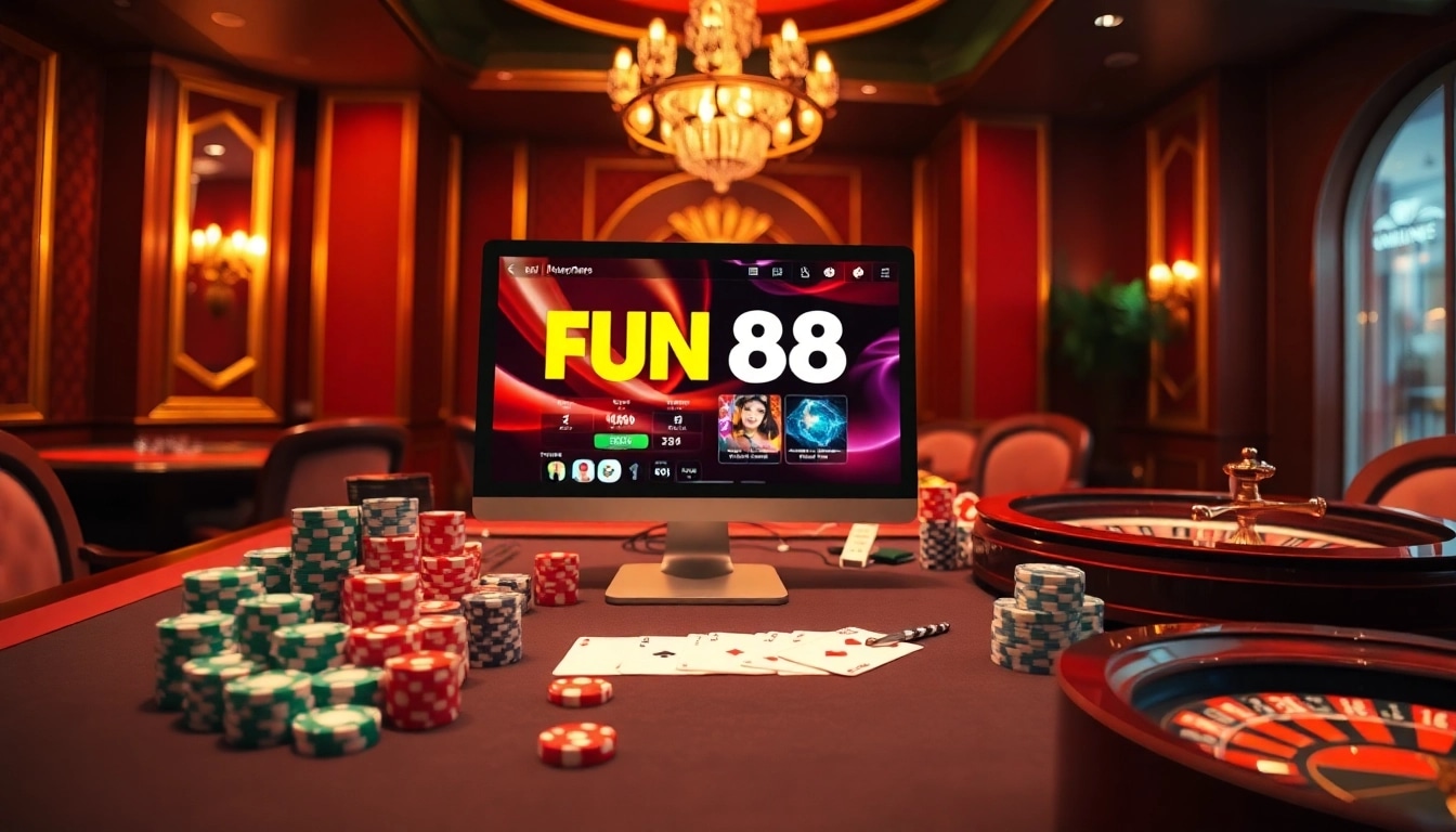 Engaging online gambling scene showcasing FUN88 đăng nhập with poker chips and cards.