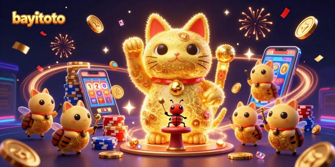 Experience the excitement of bayitoto with a lively illustration of a lucky cat surrounded by casino symbols.