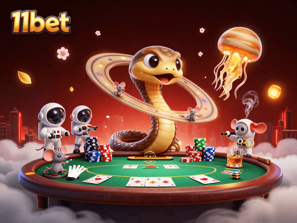 Engaging 11bet 3D portrayal featuring cosmic dealer and betting astronaut mice in dynamic casino scene