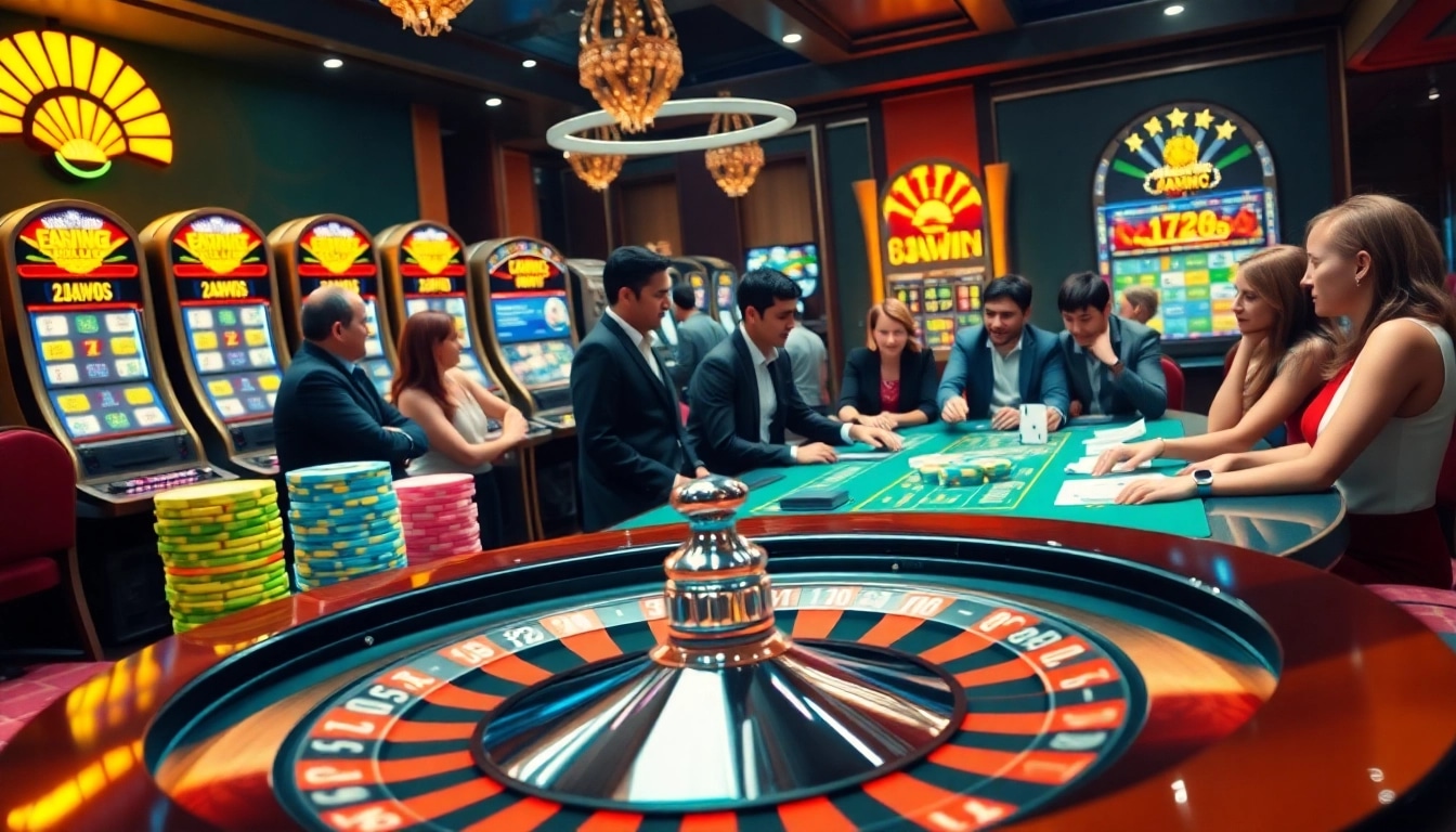 Players enjoying high-stakes games at 33win's luxurious casino with roulette and poker tables.