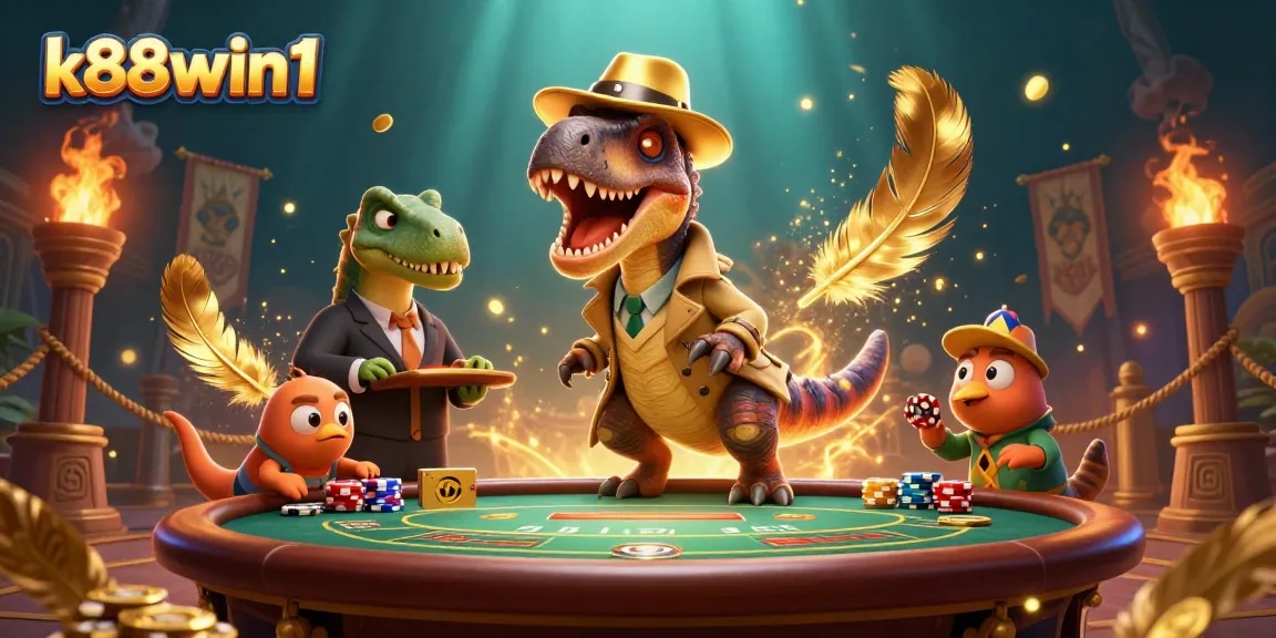 Experience thrilling action at k88win1 with a cartoon velociraptor card counter and dynamic casino elements.