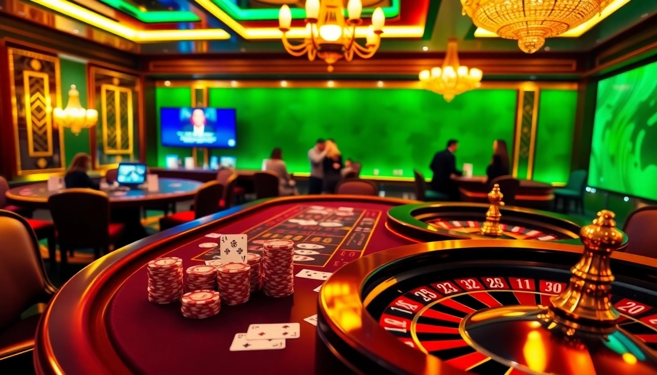 Experience thrilling gaming at Luck8.com with poker chips, cards, and a vibrant roulette wheel.