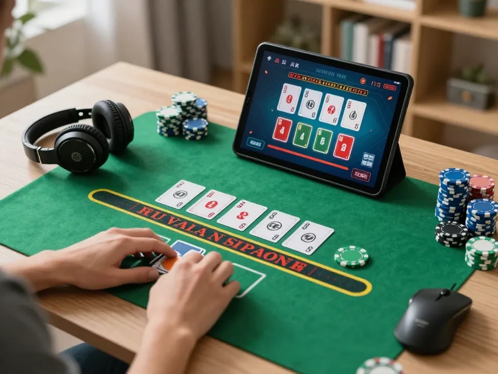 Engaging in blackjack with hi88 app on tablet at stylish home desk during strategic gaming session