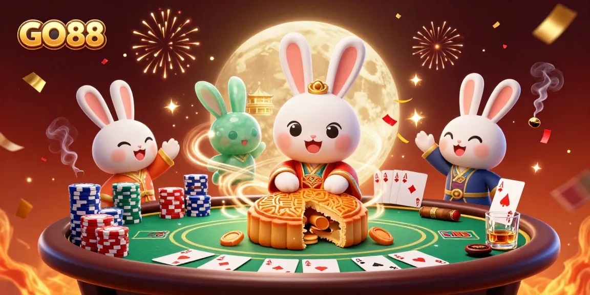 Play exciting games at GO88 with a vibrant scene featuring a moon rabbit and poker elements.