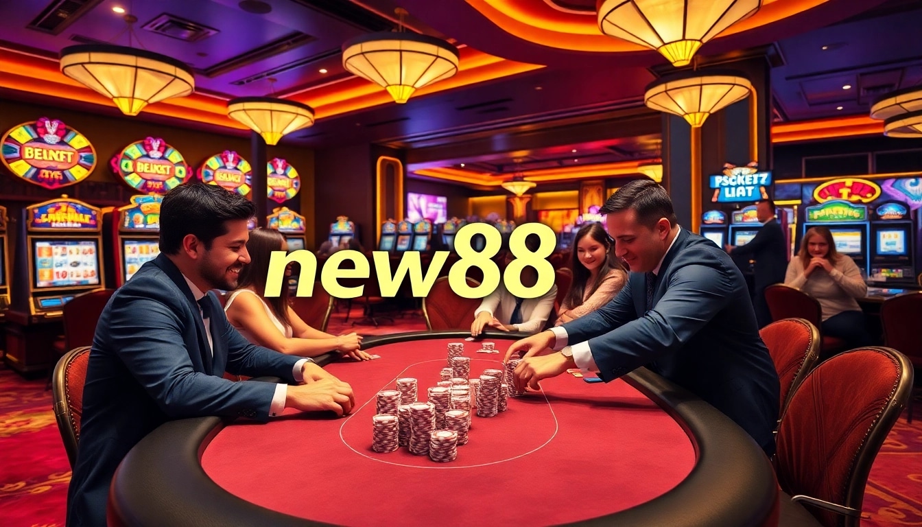 Players enjoying poker at new88's luxurious casino atmosphere, showcasing excitement and competition.
