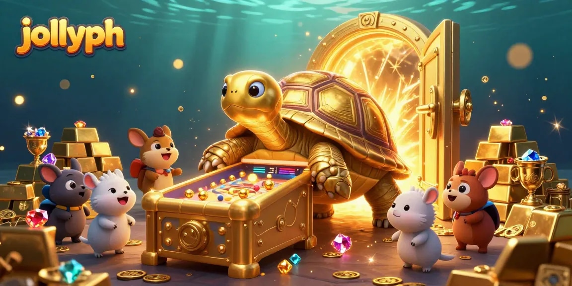 Engage with jollyph, where players enjoy vibrant gaming with a colossal tortoise-themed pinball machine.