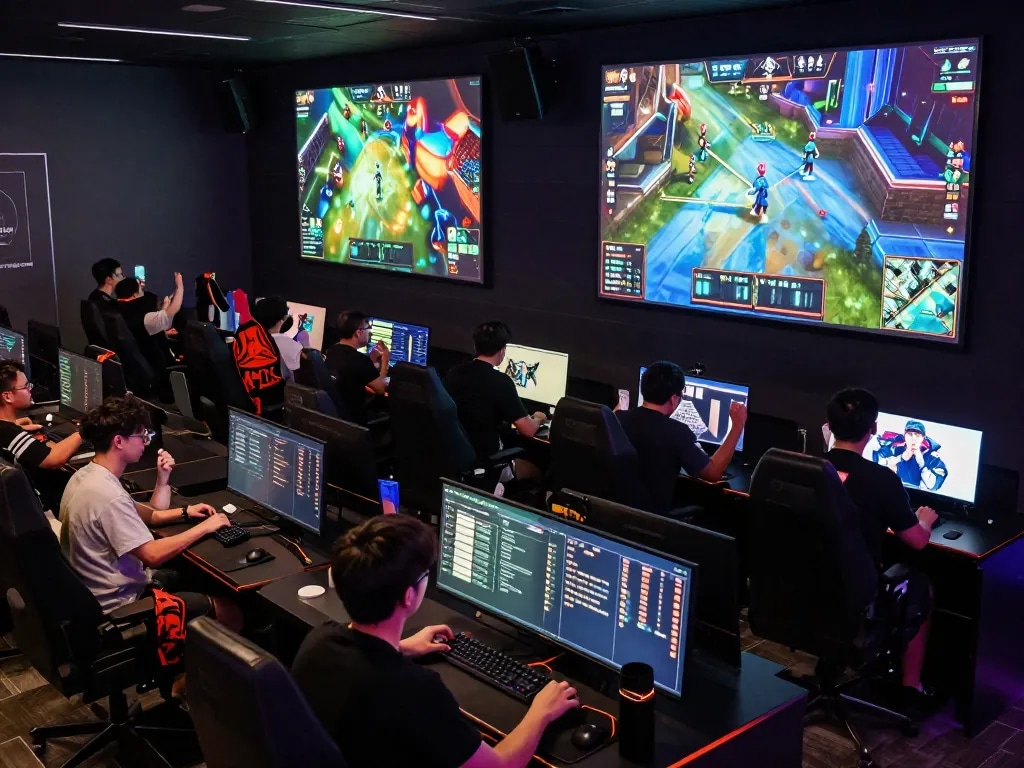 Exciting esports betting atmosphere at Win138, with fans cheering and live matches on screens