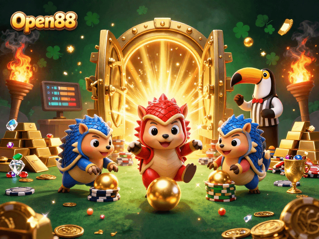 Engage with Open88's thrilling gameplay featuring rival pangolins in a casino scene with poker chips and confetti.