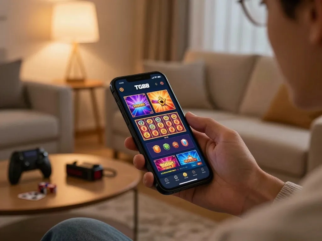 Engaging with the TG88 casino app for an exciting online gambling experience in a cozy home setting.