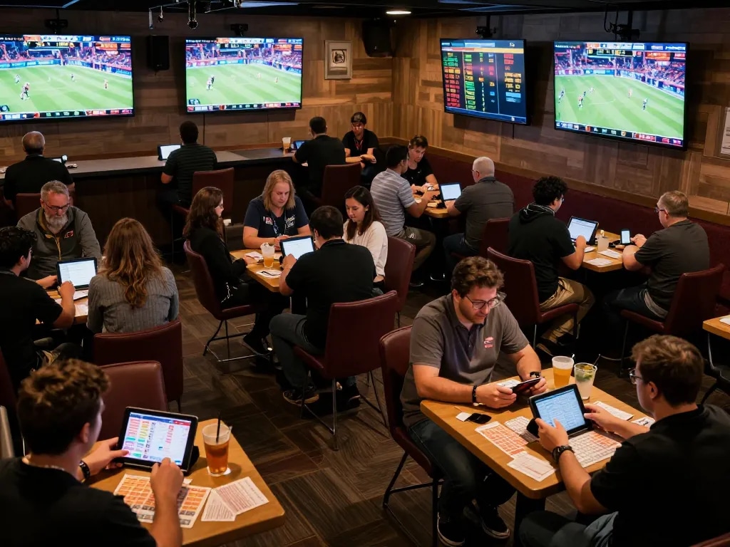 Nowgoal sports bettors analyzing live odds in a vibrant lounge atmosphere