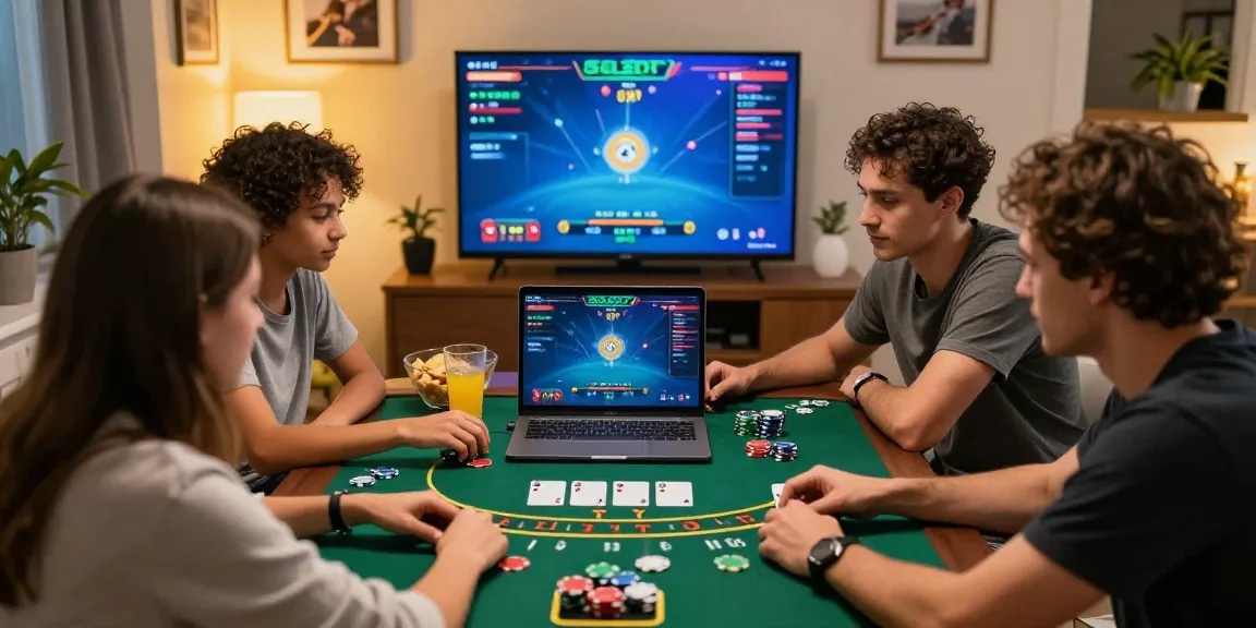 Enjoying a lively blackjack game on solbet with friends in a cozy living room.