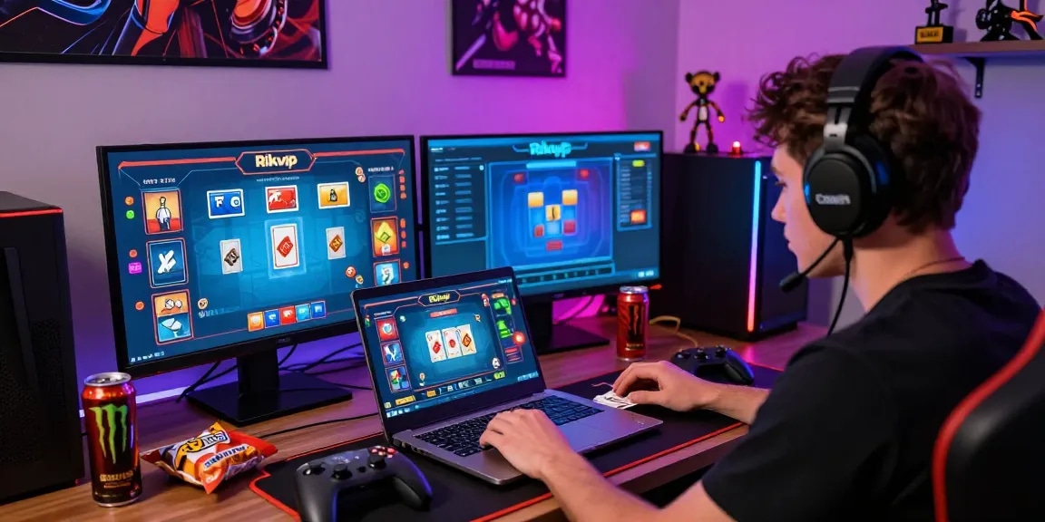 Engaged player enjoying a thrilling card game on Rikvip platform with vibrant gaming setup.
