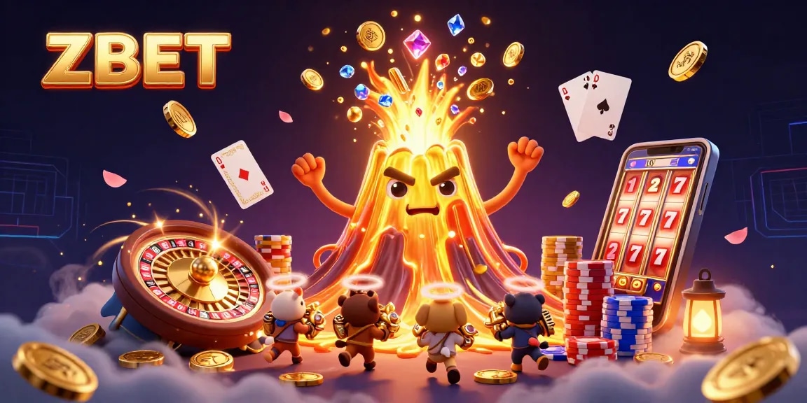 ZBET showcases vibrant casino energy with a golden volcano, treasure animals, and cascading coins.