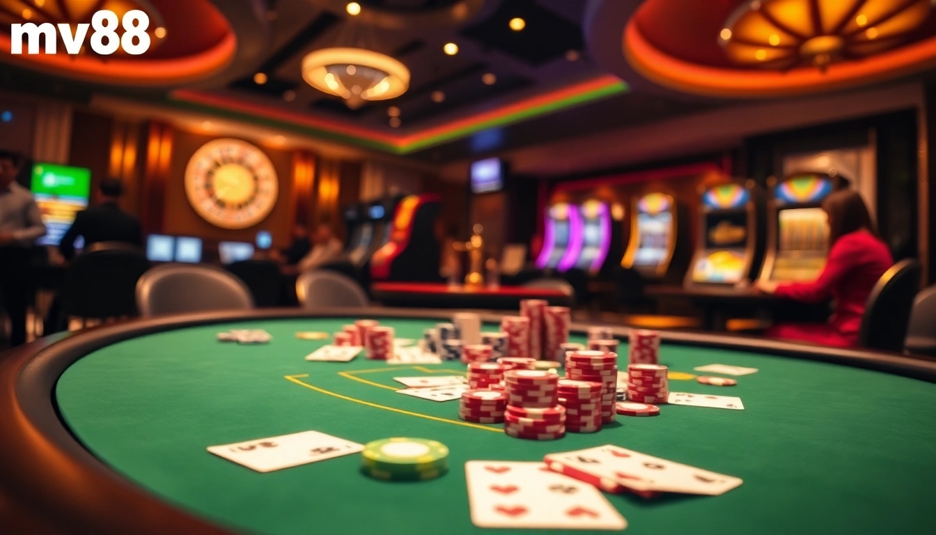 Gamblers enjoying an immersive casino experience at mv88 with poker chips and vibrant slot machines.